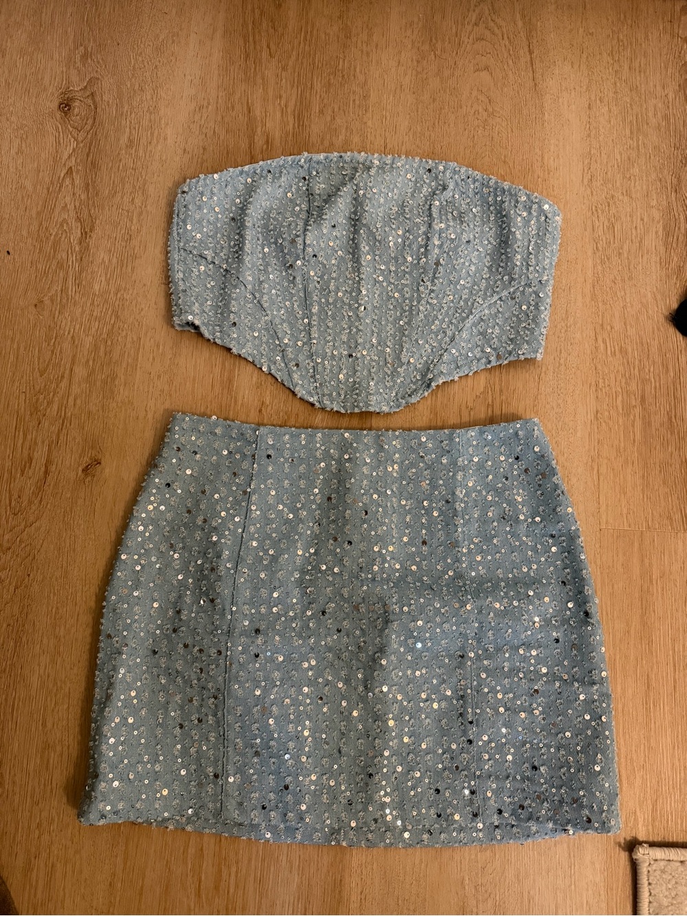Sequin Strapless Two Piece Set in Light Blue